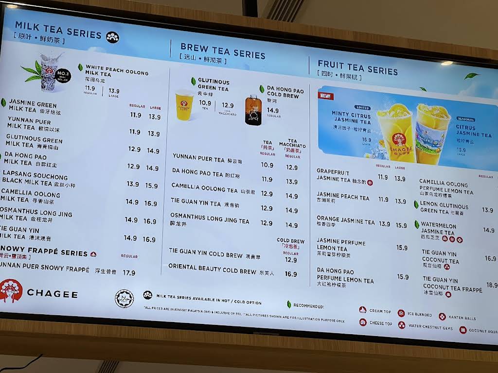 chagee menu and price Malaysia